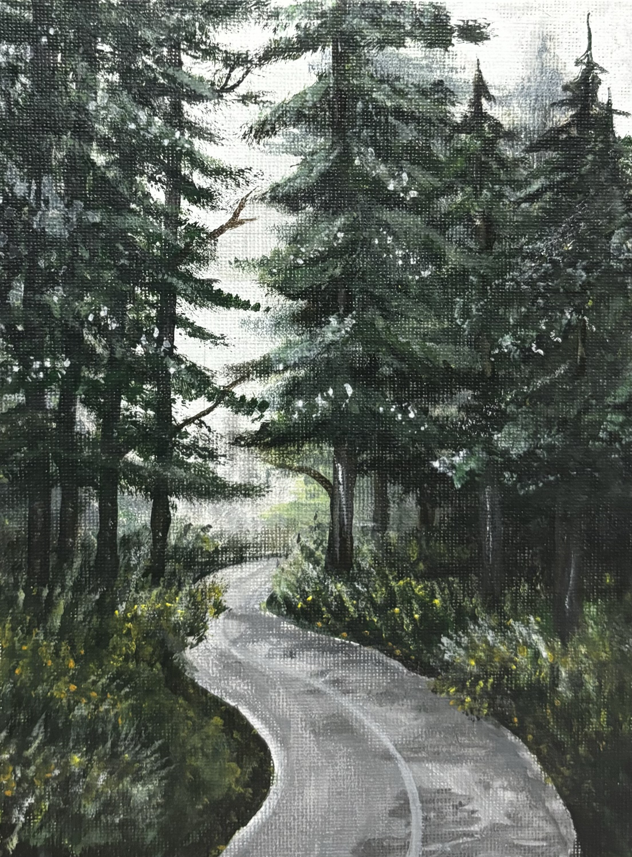 this is a painting of a evergreen backroad