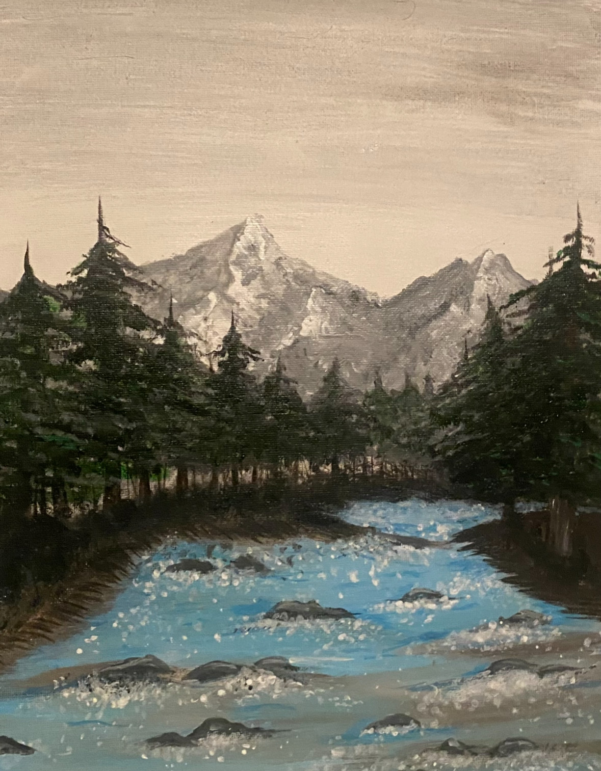 painting of rocky mounains and a river