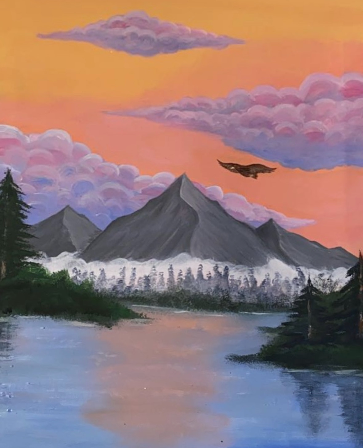 this is a painting of the rocky mountains with a orange and pink sunset above a lake